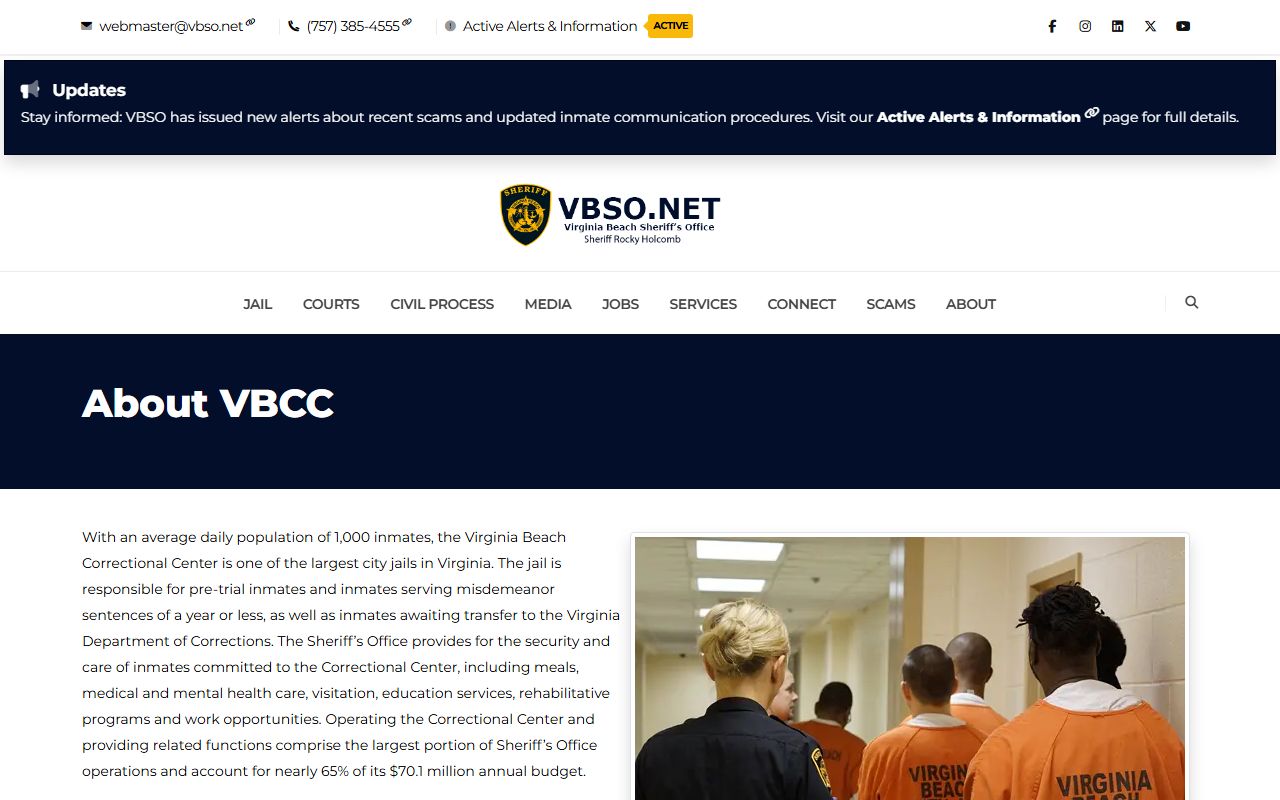 Virginia Beach Correctional Center inmate population overview from VBSO