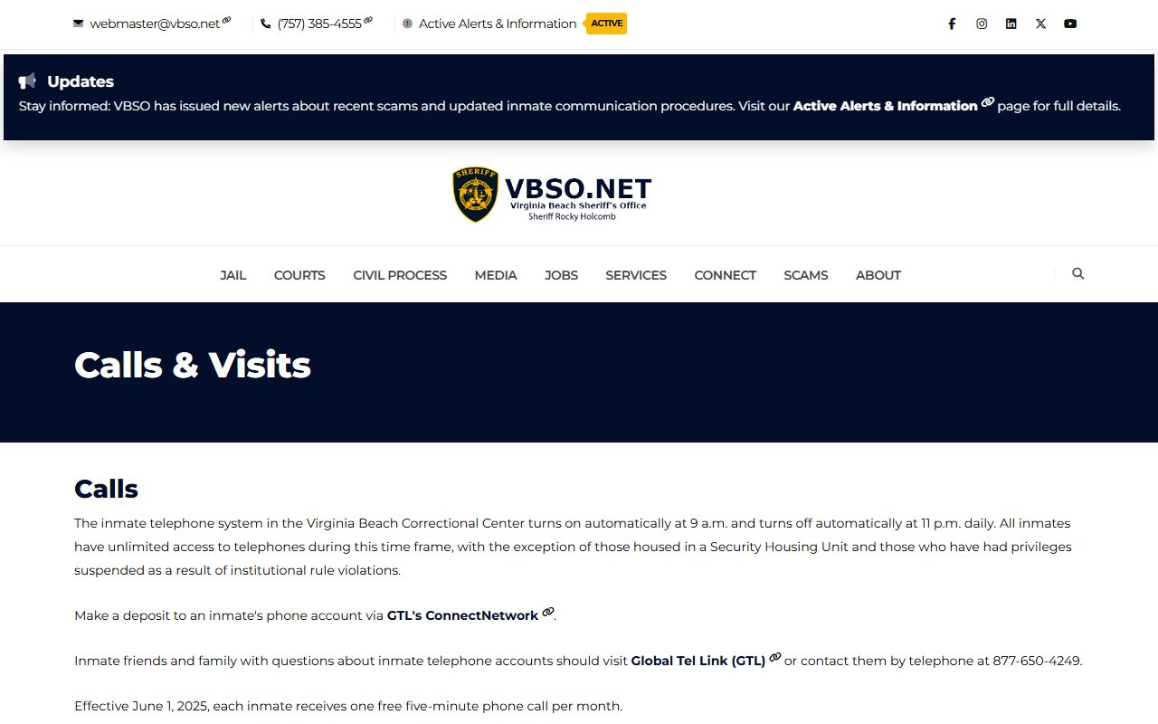 Virginia Beach Correctional Center visitation schedule and inmate visit rules