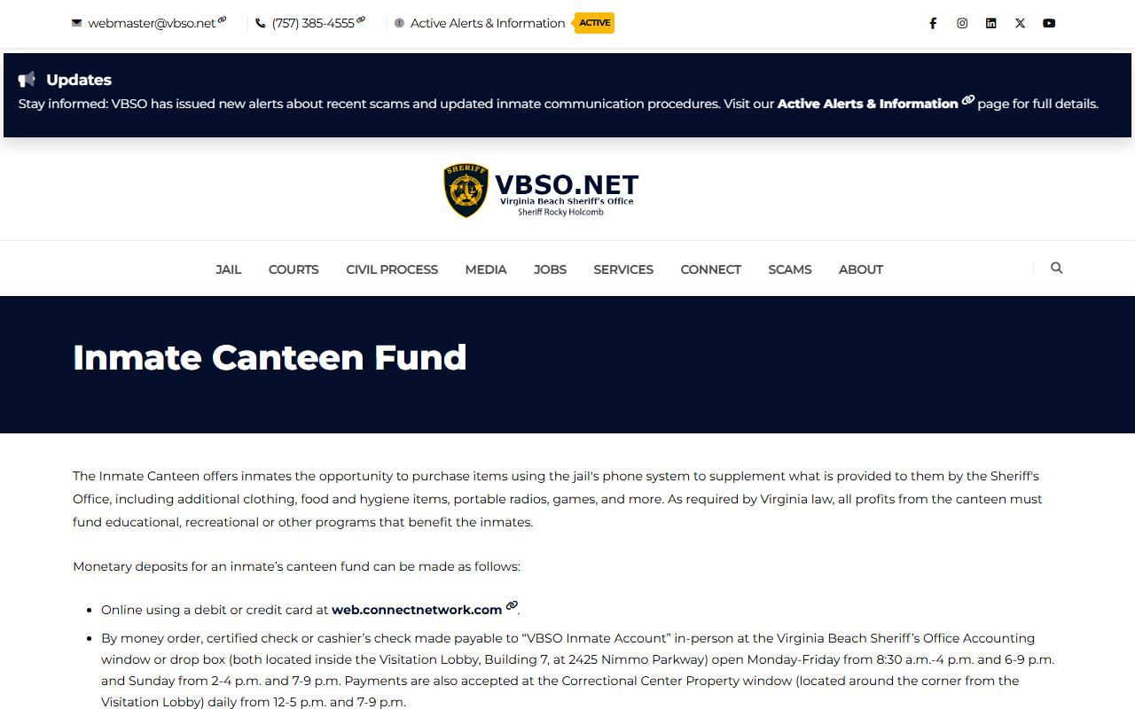 Virginia Beach Correctional Center inmate money deposit and canteen fund information