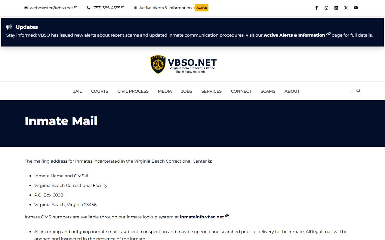 Virginia Beach Correctional Center inmate mail address and mail rules